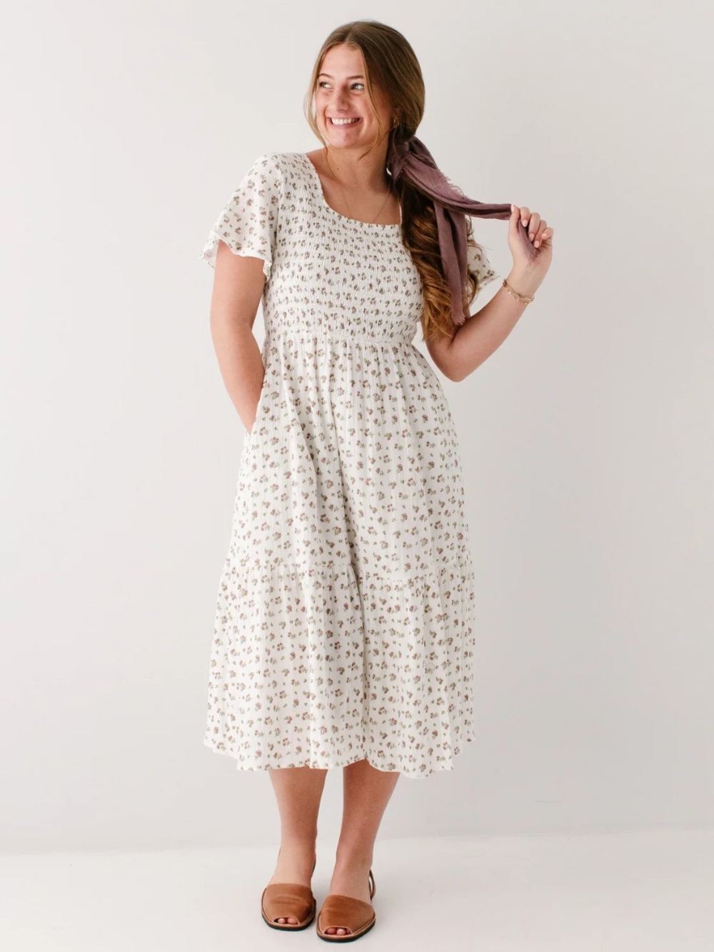 100% cotton white floral midi dress